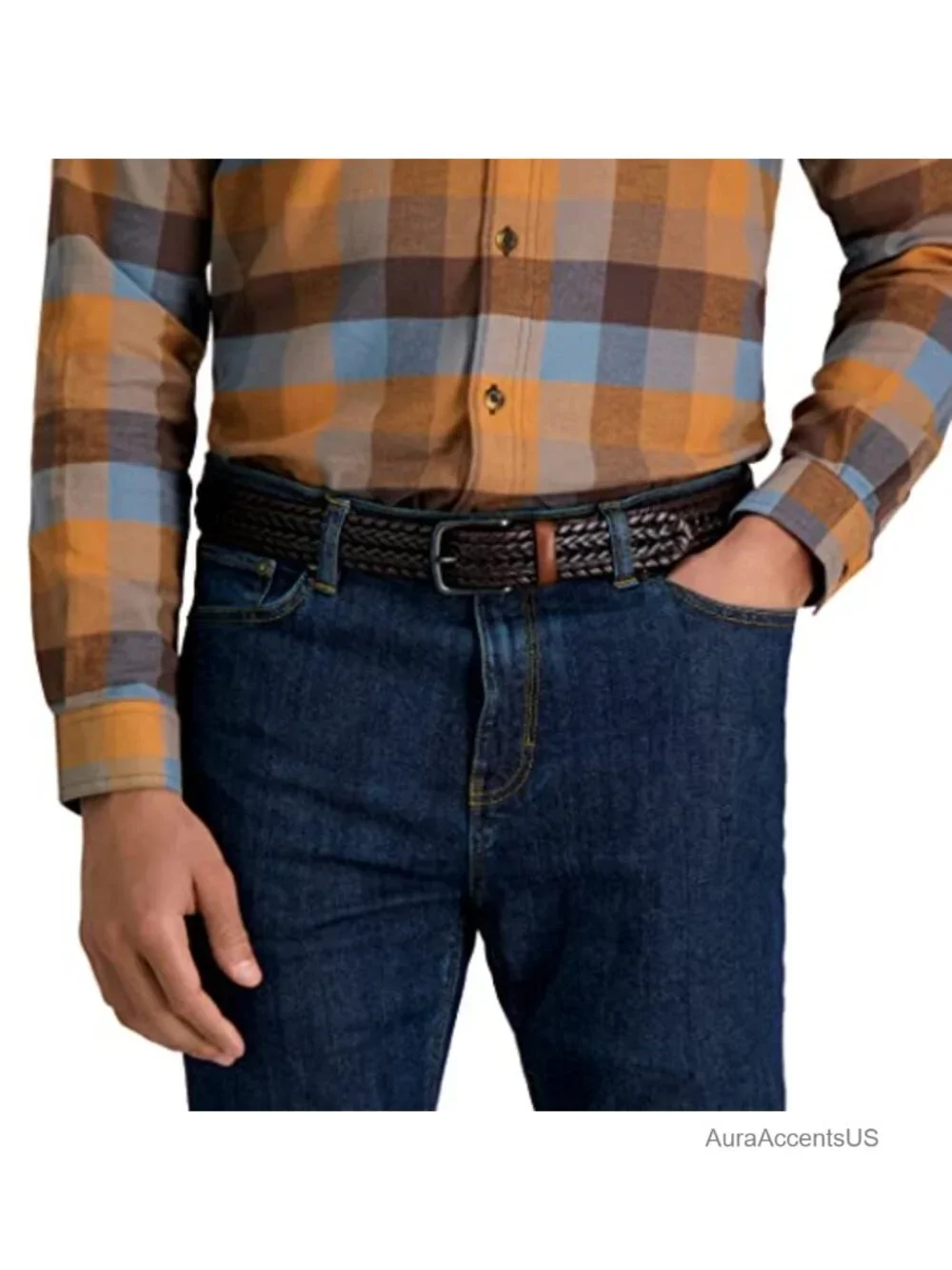 Leather Braided Belt Single Prong Buckle Casual Men's